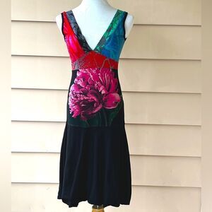 🌸 b4 Desigual Womens Black Sleeveless Dress Art Print Floral V neck Cotton (AA4)